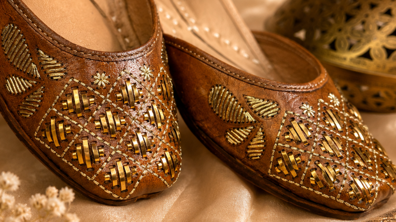 Pair of brown embellished shoes on a textured surface with decorative elements.